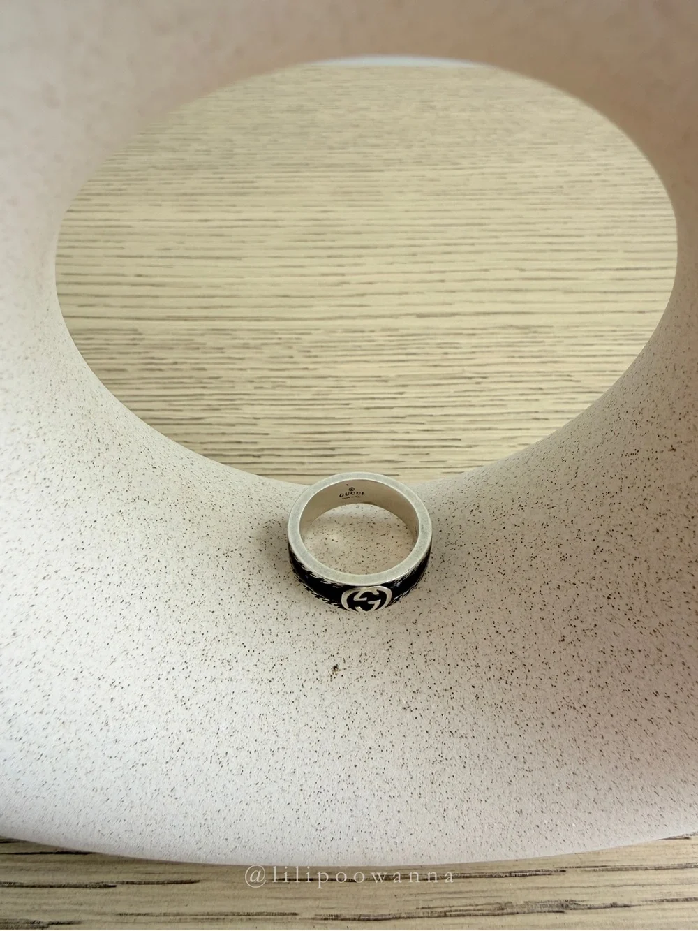 Gucci Interlocking G Black Enamel 925 Sterling Silver Ring 6mm IT 15 / US 7.25